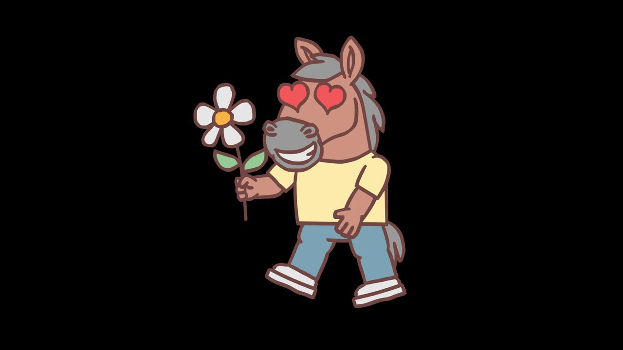 el personaje del caballo camina y sostiene la flor. animación cuadro por cuadro. canal alfa