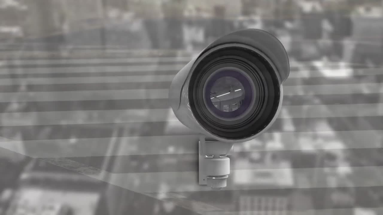 Animazione di una telecamera in movimento sopra persone che camminano in una città sullo sfondo.