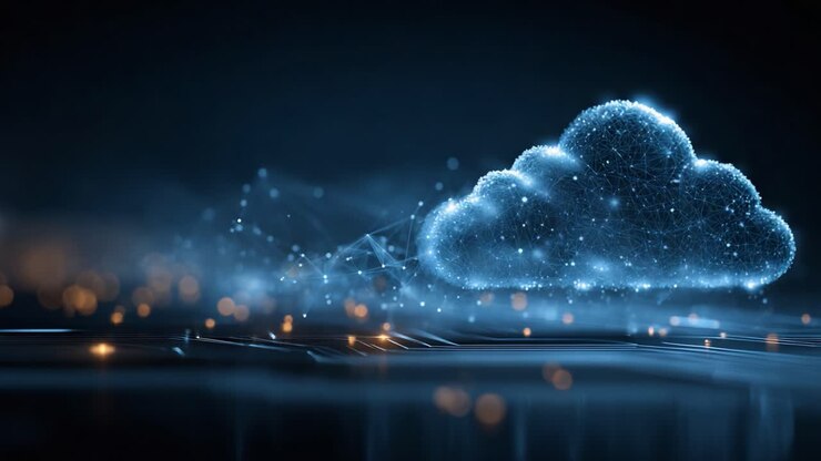 Digital Cloud Technology Concept: Abstract Representation of Data Storage, Connectivity, and Future Innovations in Cloud Computing Visualized Through Neon Effects