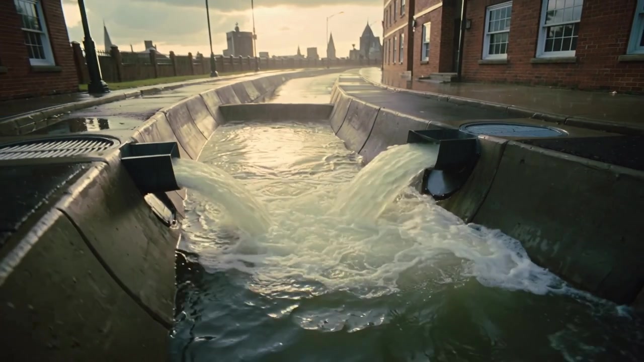Un canale di cemento si riempie mentre una bocchetta rettangolare inizia a scaricare il deflusso sulla strada, con delle griglie.