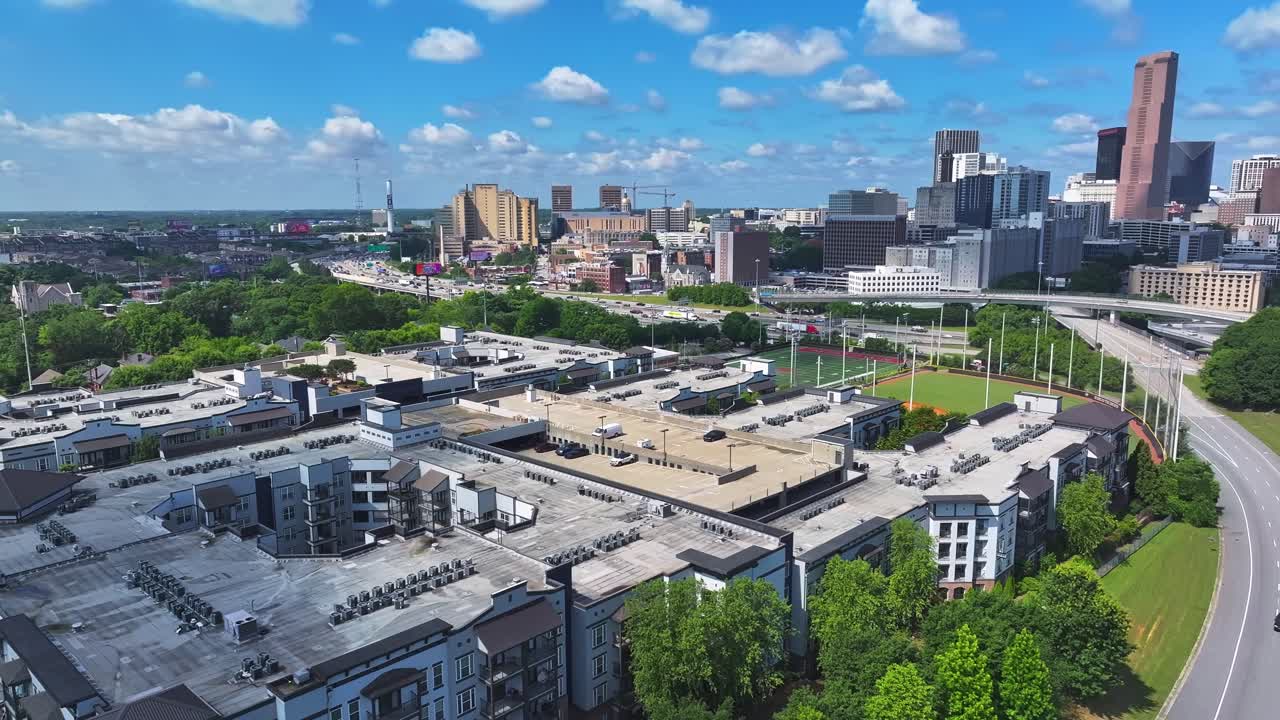 Downtown Atlanta Skyline In Daytime From The Apartment Complex In Georgia, USA. - aerial shot