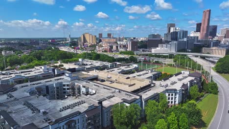downtown atlanta skyline in daytime from the apartment complex in georgia, usa. - aerial shot