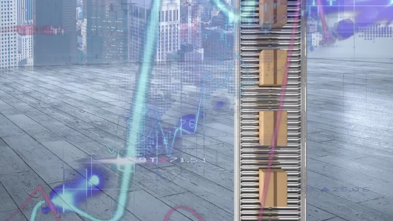 컨베이어 벨트에 있는 카드보드 상자 위에서 통계 처리의 애니메이션