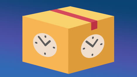 digital animation of delivery package box with ticking clocks against blue background