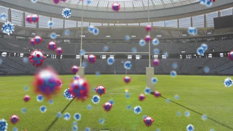 animación de las celdas de covid-19 sobre el campo de rugby vacío del estadio deportivo