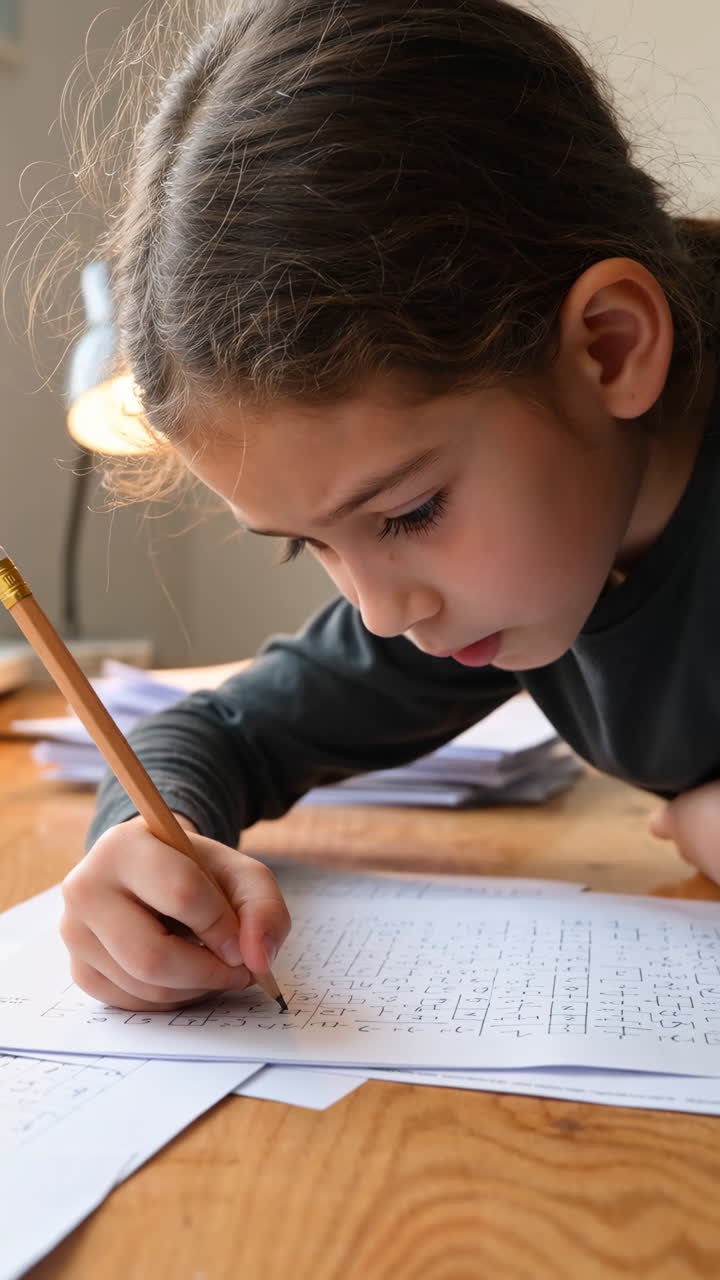 Young Girl Concentrating on Writing or Solving a Puzzle