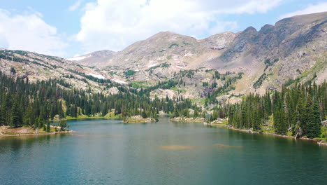 Aerial-Drone-Rising-Motion-of-Scenic-Mountain-Peak-and-Beautiful-Clear-Blue-Lake-Water-next-to-Pine-Tree-Forest-in-Nederland-Colorado-during-Summer-in-the-Rocky-Mountains