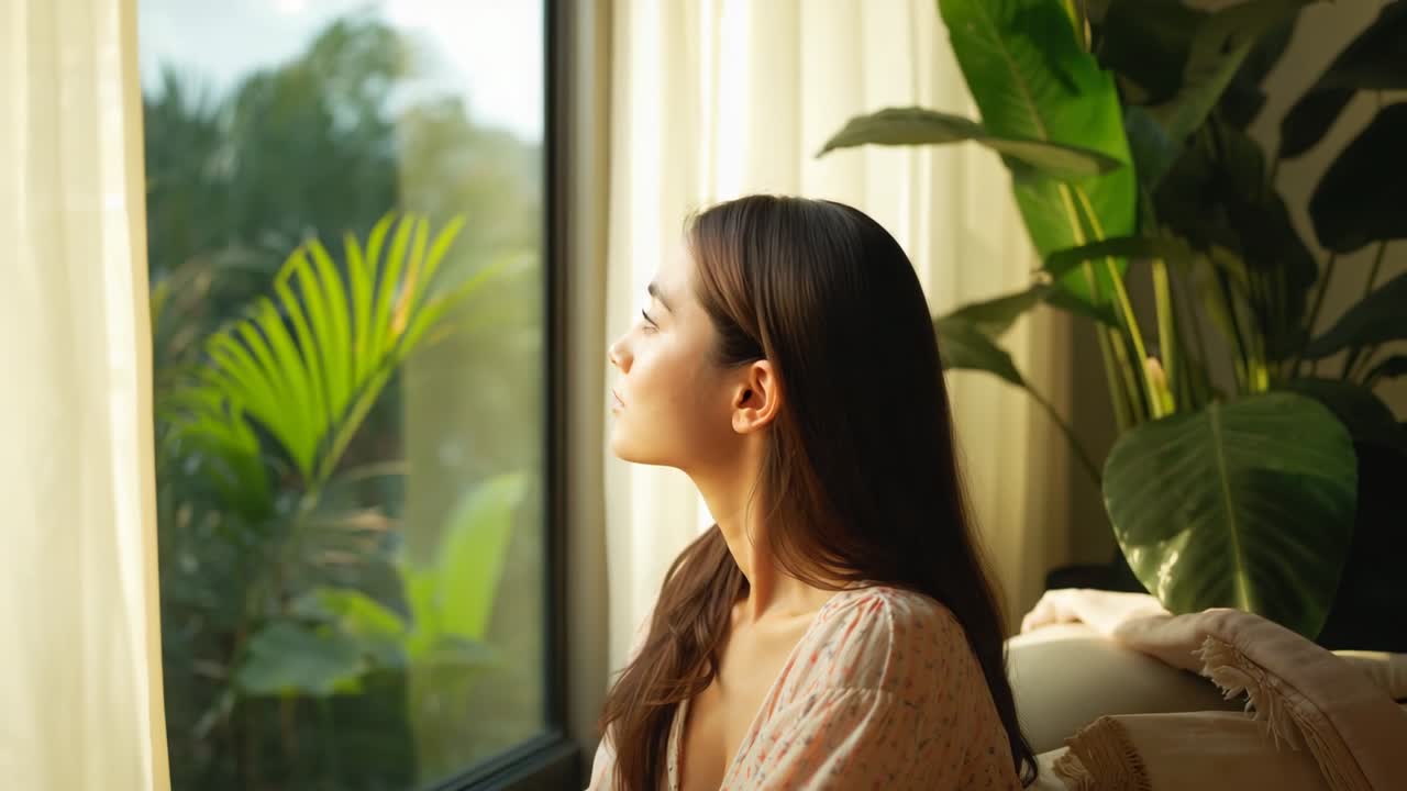 Mulher abrindo os olhos enquanto o sol aquece, virando-se para a janela no sofá, em reflexão, usando blusa, com uma planta.