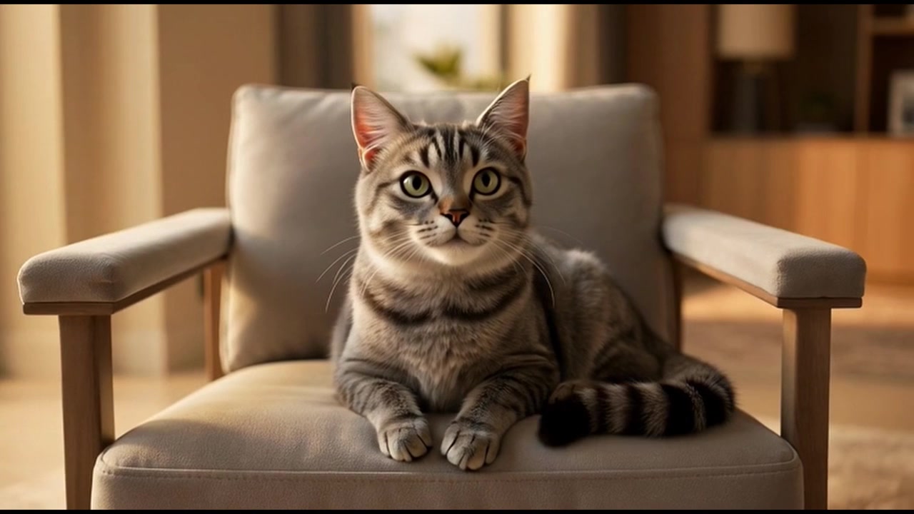 Tabby Cat Sitting Comfortably on an Armchair in a Living Room