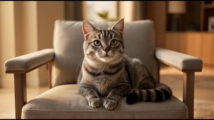 Tabby Cat Sitting Comfortably on an Armchair in a Living Room