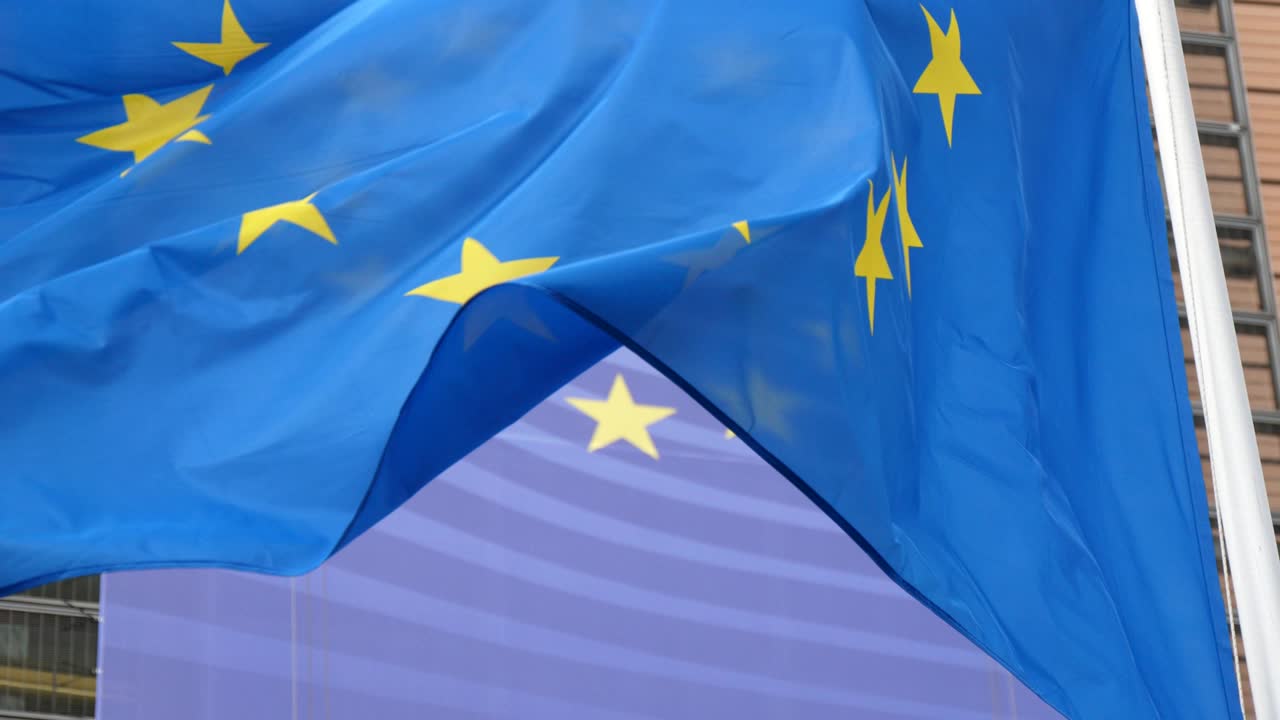 봄의 은 날 브셀에서 파란색 배경과 열두 개의 별을 가진 유럽 연합 발의 영감을 주는 풍경.