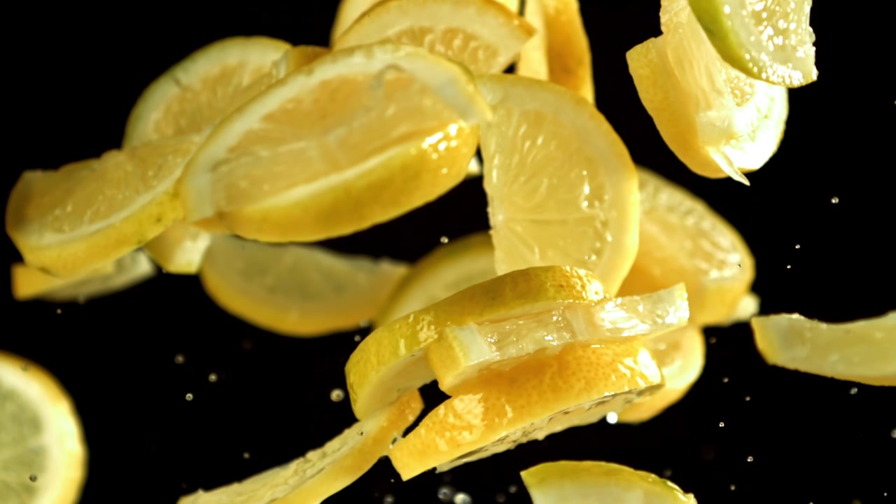 Lemon Slices Falling in Slow Motion on Black Background