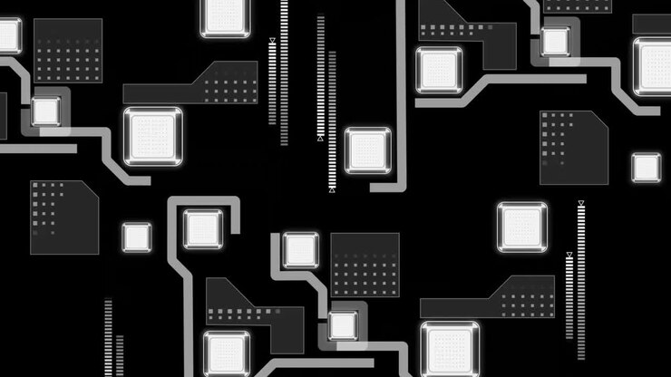 Animation of network connections markers scanning and data processing on black background