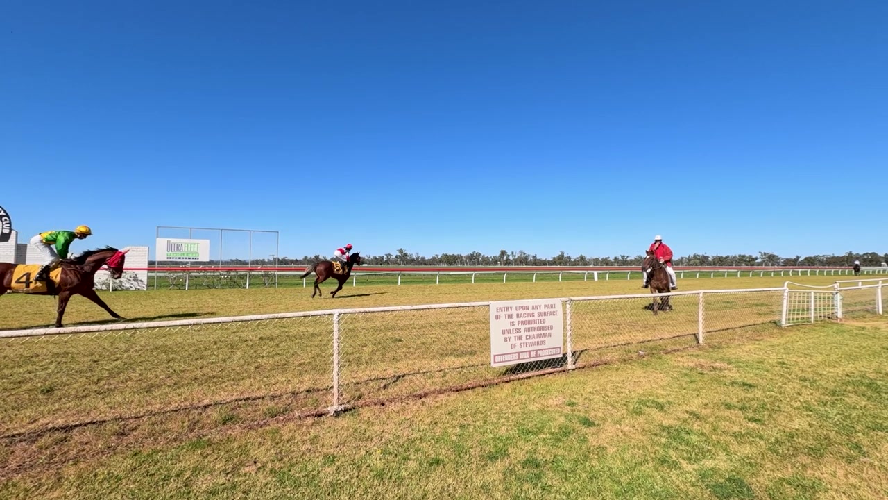 Plano general de jinetes compitiendo con caballos purasangre en una pista de césped en Gunnedah, Australia.