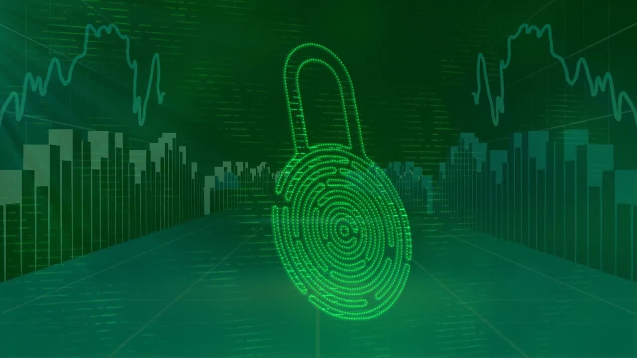 animación del icono del candado y procesamiento de datos sobre fondo negro