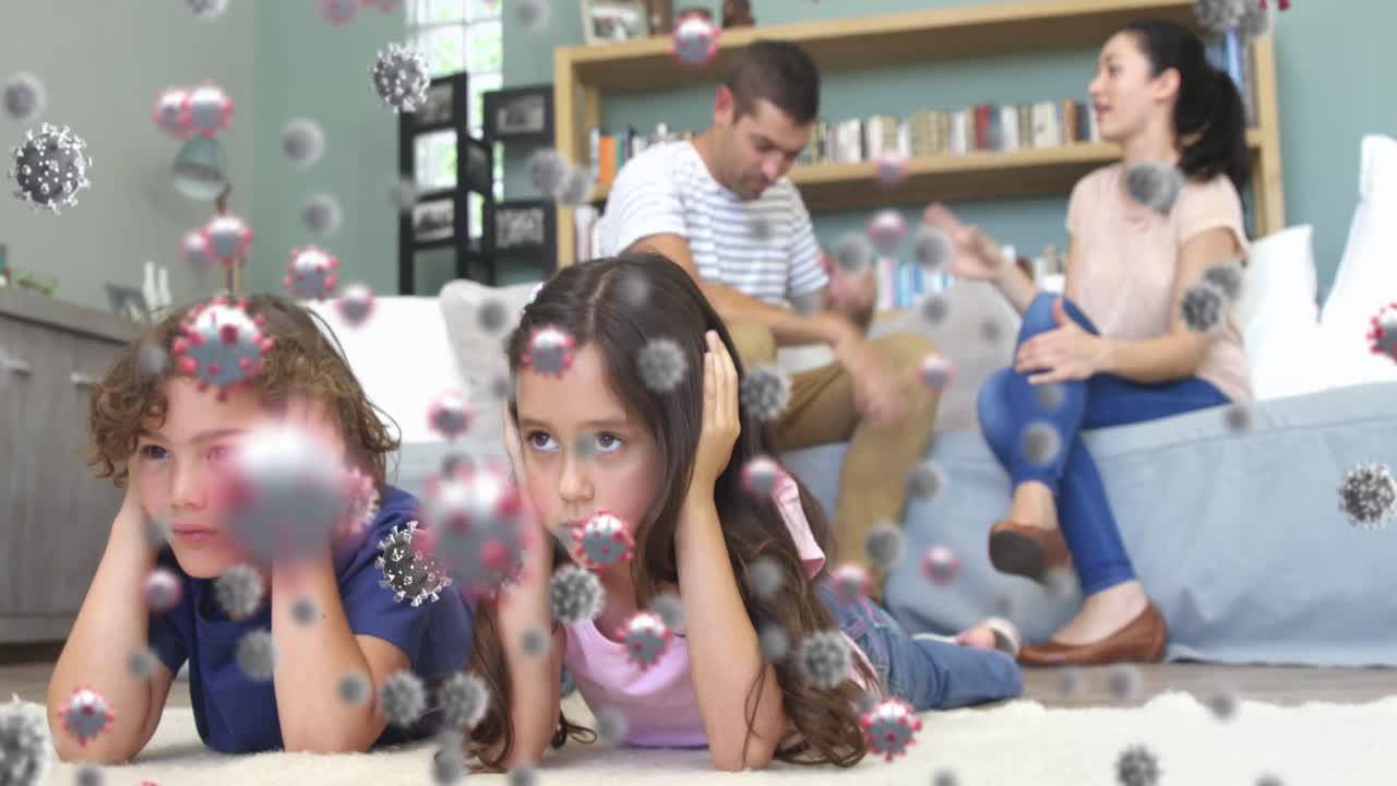 백그라운드에서 싸우는 가족을 상대로 움직이는 코로나19 세포의 디지털 복합 비디오