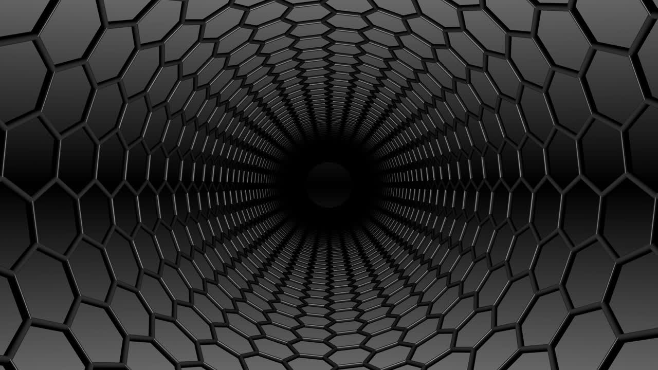 los hexágonos negros medios hacen zoom en el túnel sin fin.