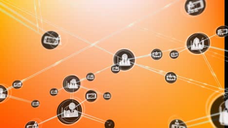 Animation-of-network-of-connections-with-icons-over-orange-background