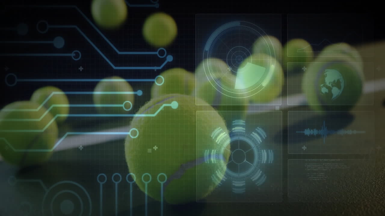 Tennis ball glowing among rotating HUD circles, pairing streaming waveform bars and neon circuits