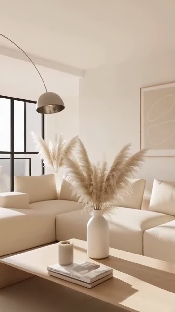 Minimalistický obývací pokoj v neutrálních tónech, zachycený ze širokoúhlé perspektivy, vhodné pro video.