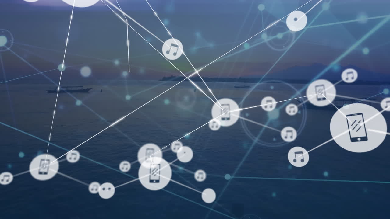 바다에서 배의 공중 뷰에 대하여 디지털 아이콘의 네트워크의 애니메이션