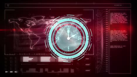 Digital-clock-ticking-over-world-map-and-digital-interface-with-data-processing-on-red-background