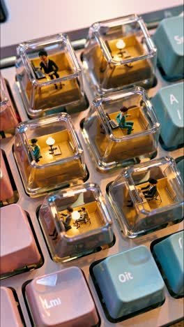 tiny office workers are busy at work inside transparent keycaps on a pastel colored keyboard, creating a whimsical and surreal miniature office scene