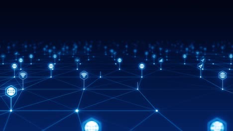 gráfico de movimiento de azul icono de tecnología futurista y línea vinculada conexión de red abstracto concepto de fondo cámara zoom video de bucle sin costuras