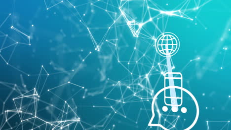conexiones de red y procesamiento de datos animados sobre fondo azul con icono de cabeza
