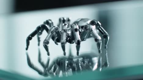 a metal spider robot displays intricate movements on a shiny surface at a technology event, captivating the audience with its realistic gait. the innovative design showcases robotics engineering.