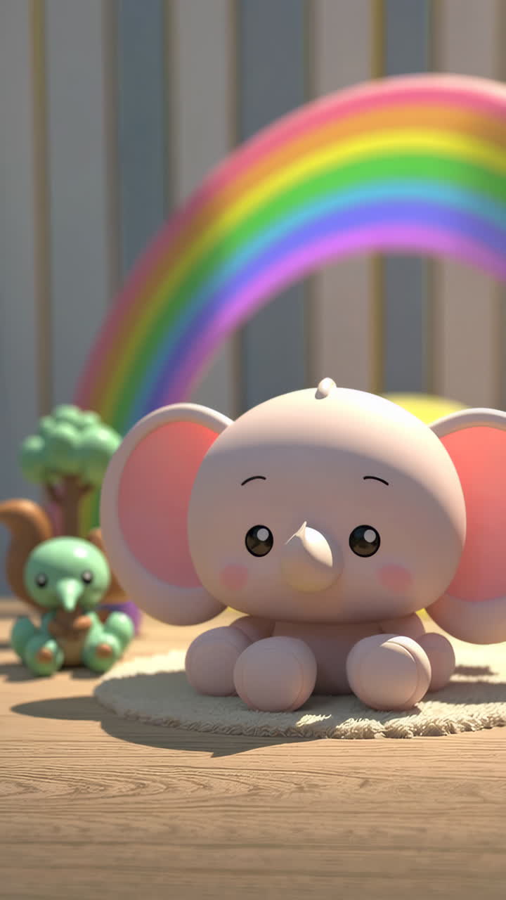 Cute Cartoon Elephant with Rainbow and Woodland Toys