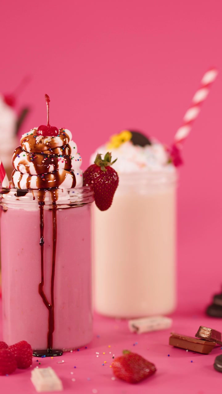 Milkshake alla fragola con panna montata si rovescia, versando glassa al cioccolato e guarnizioni su sfondo rosa.