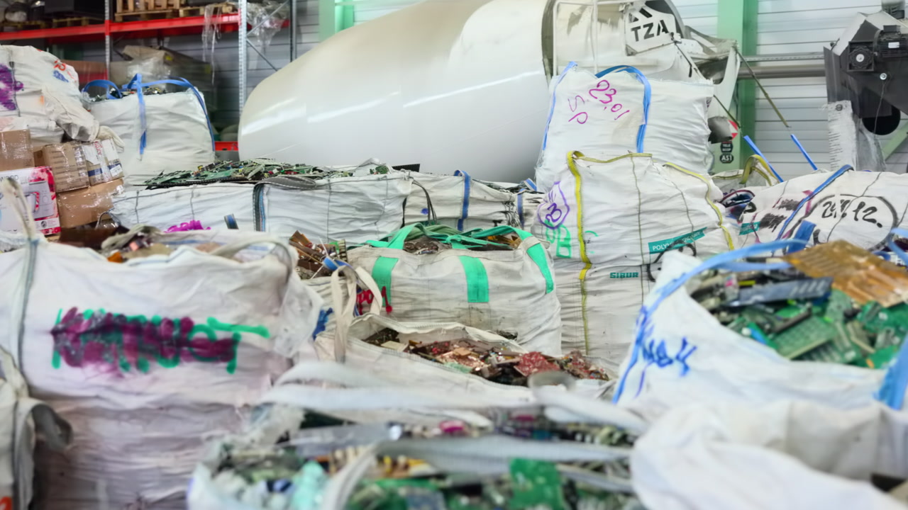 Industrial Warehouse Piles Of Ewaste Sacks Packed With Circuit Boards, Marked Bulk Bags Stacked By Conveyor. Creative