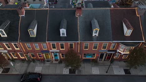 Row-houses-in-American-city-decorated-with-LED-Christmas-lights