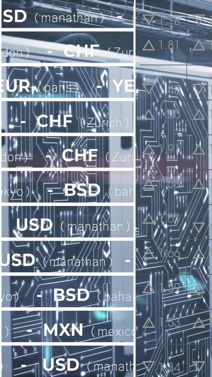Vertical video: Ticker scrolling as live feed updating market rates, revealing glass, blurred staff