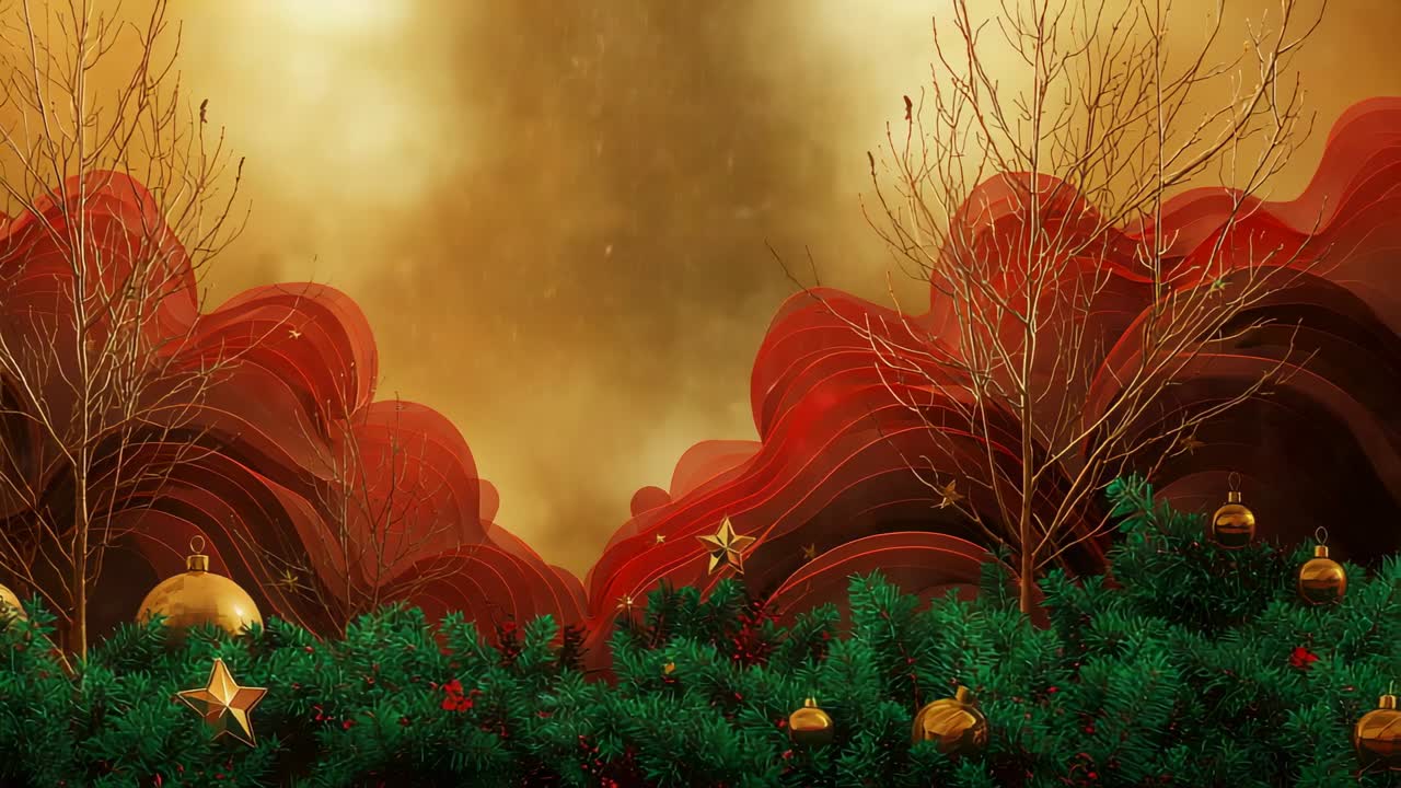 Emerging glow animating holiday display on set, with pine branches baubles red waves and gold dust