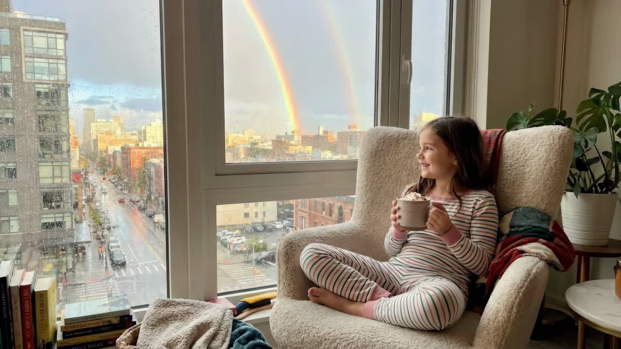 Ragazza che si gode un momento accogliente con una vista sull'arcobaleno
