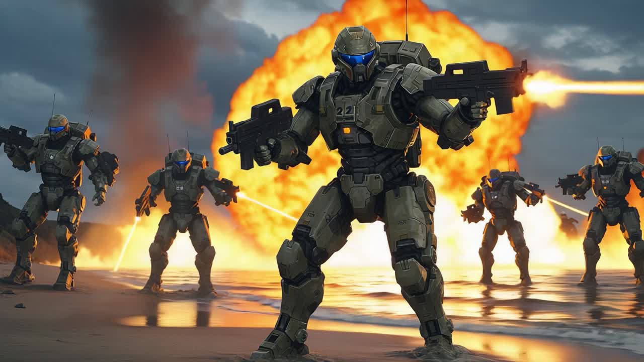 Intense Battle Scene Featuring Advanced Armored Soldiers Engaged in Combat with Explosions and Fire in the Background, Showcasing Futuristic Warfare Dynamics