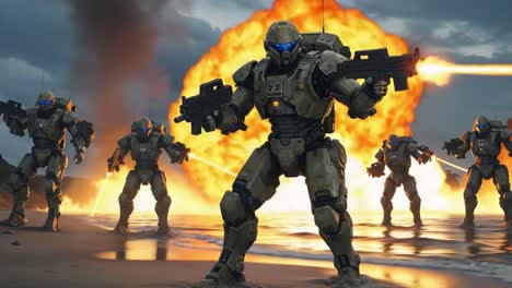 intense battle scene featuring advanced armored soldiers engaged in combat with explosions and fire in the background, showcasing futuristic warfare dynamics