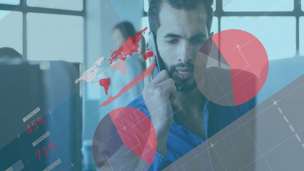 Man talking on smartphone in modern business office, showing floating data maps pie charts overlays