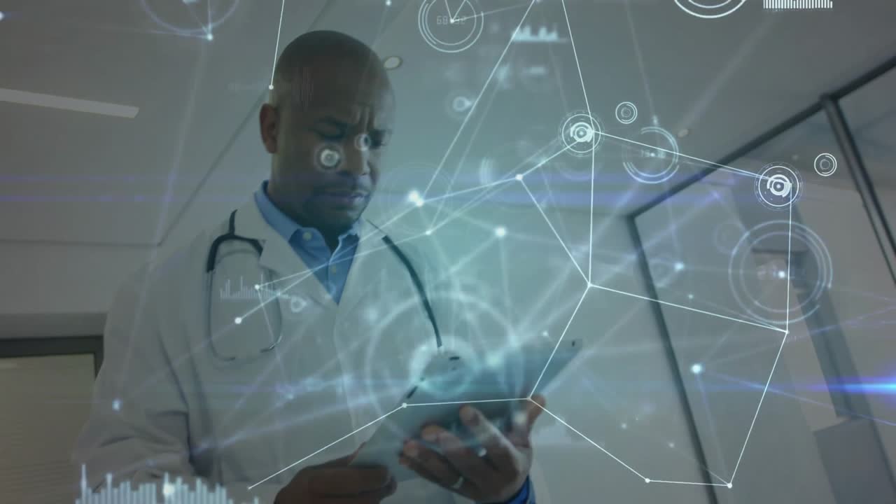 male doctor tapping tablet in clinical room, displaying holographic health data graphs