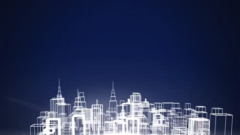 animation of white outlines of a 3d architectural model of a modern city spinning on blue background