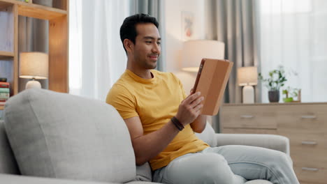 home tablet, happiness and man typing
