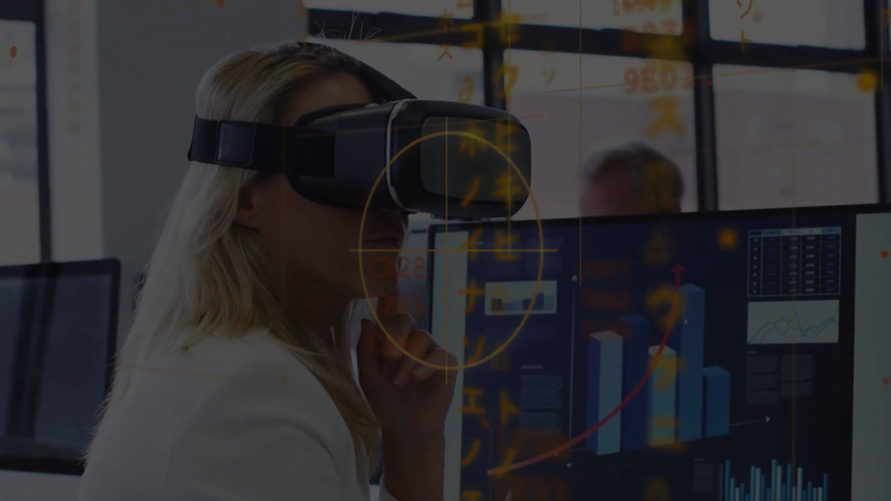 Data analyst wearing VR headset at desk, holding chin, head shifting starting AR charts for finance