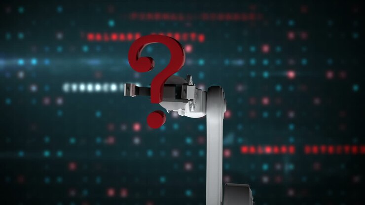 Video generato digitalmente di un braccio robotico bianco che tiene un punto interrogativo rosso 3D