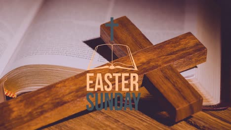 animation of easter sunday over wooden christian cross and bible