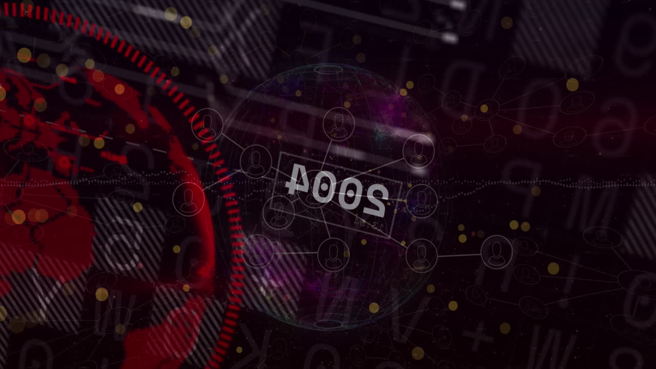 animación del procesamiento de datos financieros con globo y conexiones en fondo negro.