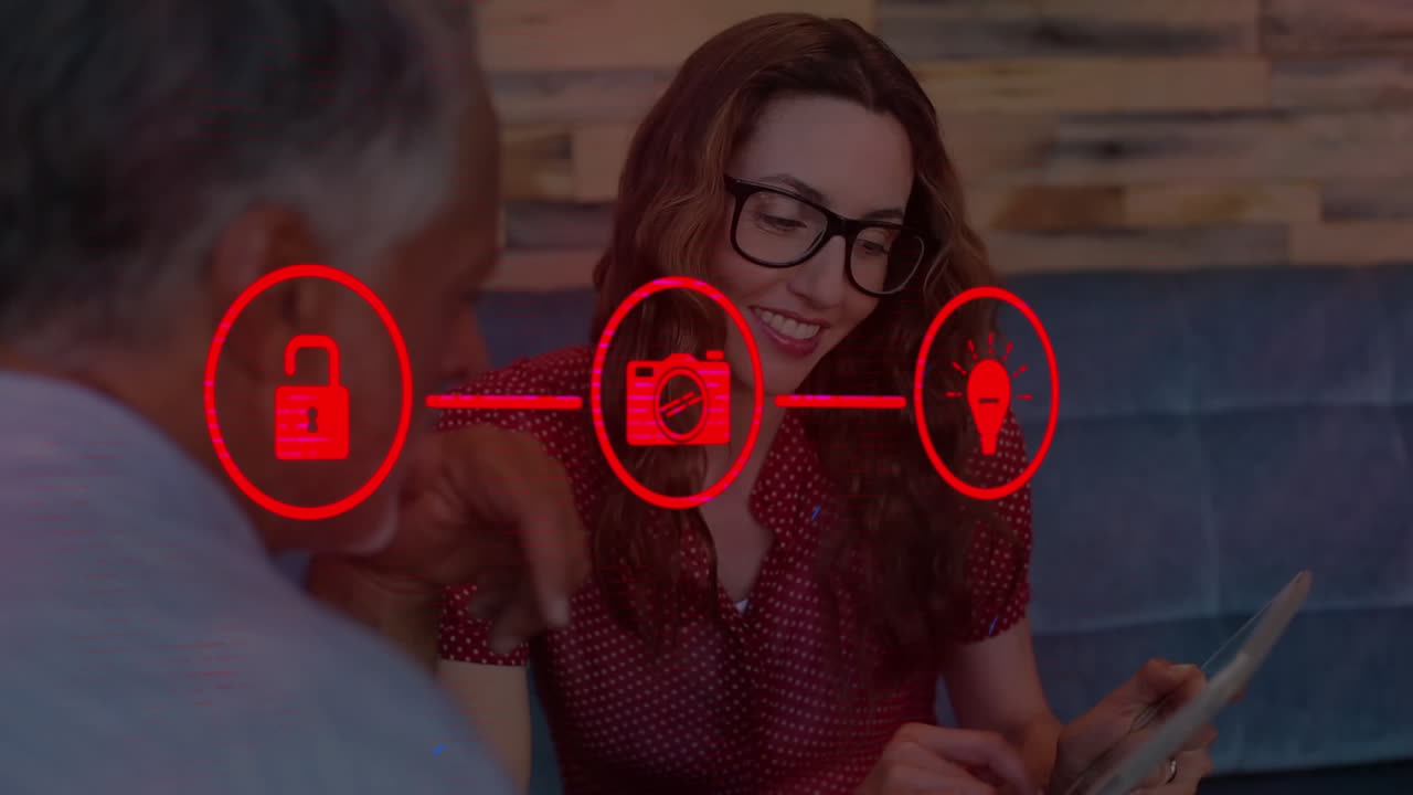 red de iconos de conexión contra el hombre y la mujer usando tableta digital