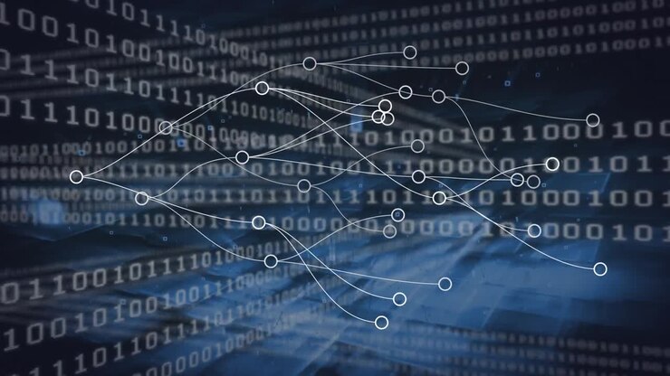 Animation of network of connections over data processing on black background