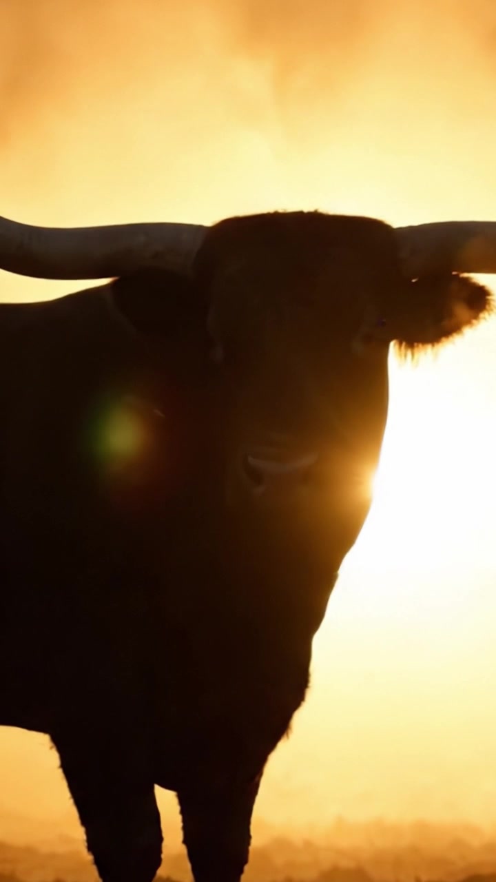 Toro in silhouette contro un tramonto drammatico: la maestosa presenza del bestiame in un paesaggio rustico catturata in due suggestive inquadrature.